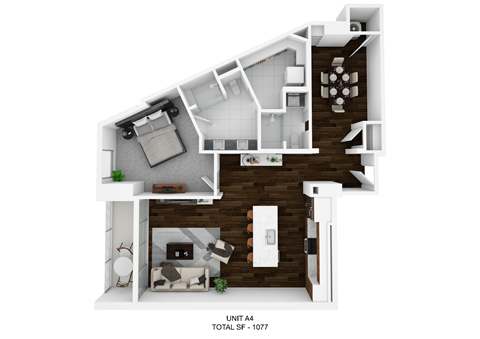Floor plan for 1 bed, 2 baths, 1077 sqft